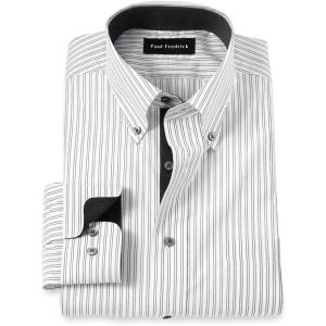 imagePaul Fredrick Mens Classic Fit NonIron Cotton Stripe Dress ShirtBlack  White