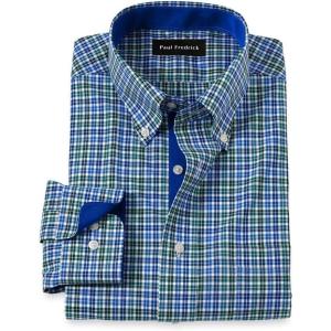 imagePaul Fredrick Mens Slim Fit NonIron Cotton Check Dress ShirtBlueGreen