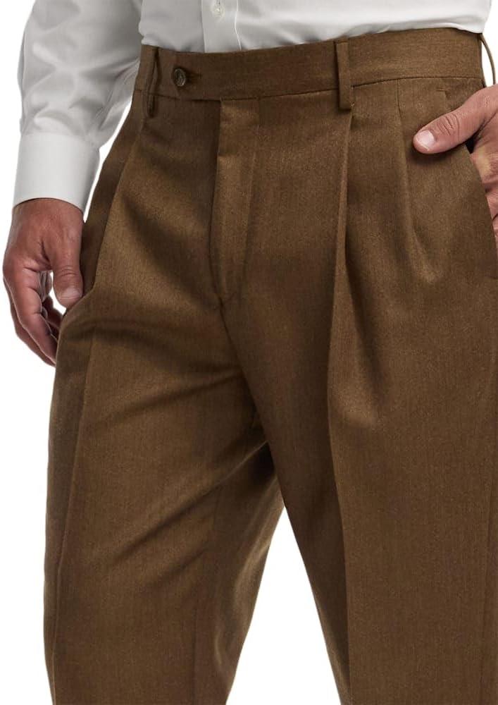 imagePaul Fredrick Mens Wool Flannel Solid Pleated PantsBrown