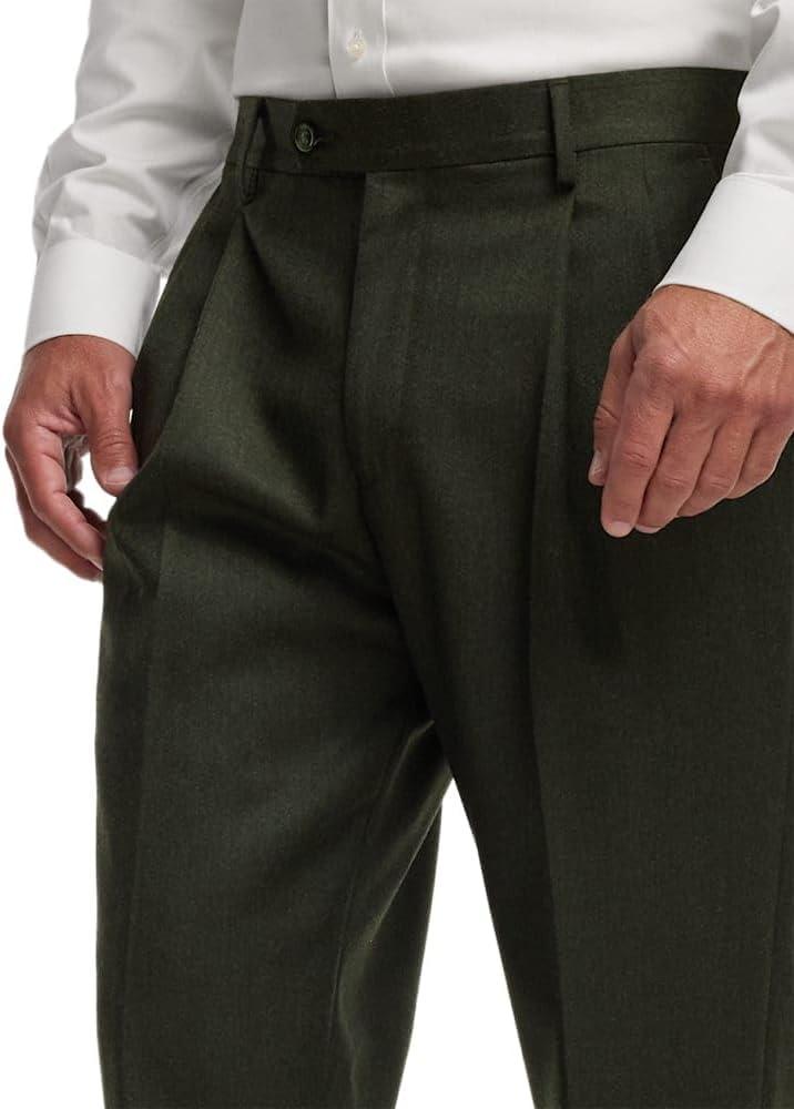 imagePaul Fredrick Mens Wool Flannel Solid Pleated PantsDark Green