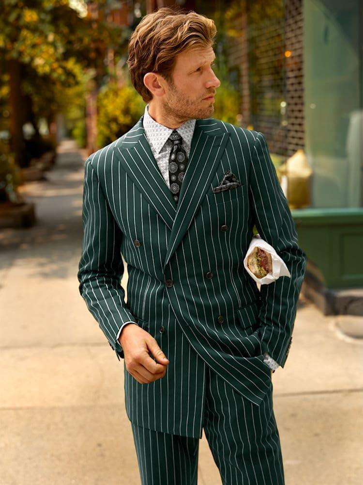 imagePaul Fredrick Mens Wool Stretch Stripe Double Breasted Peak Lapel Suit Jacket