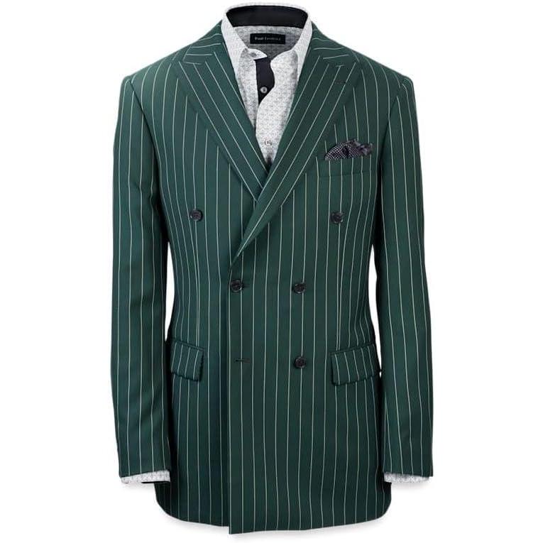 imagePaul Fredrick Mens Wool Stretch Stripe Double Breasted Peak Lapel Suit Jacket