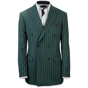 imagePaul Fredrick Mens Wool Stretch Stripe Double Breasted Peak Lapel Suit Jacket