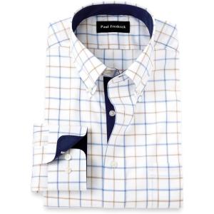 imagePaul Fredrick Mens Classic Fit NonIron Cotton Check Dress ShirtBlueTan