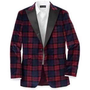 imagePaul Fredrick Mens Velvet Plaid Single Breasted Satin Peak Lapel Sport Coat