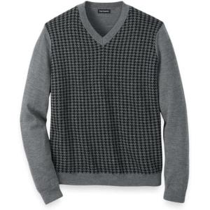 imagePaul Fredrick Mens Washable Merino Wool Houndstooth VNeck SweaterBlackGrey