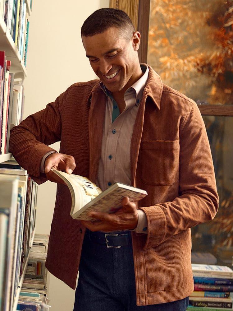 imagePaul Fredrick Mens Microfiber Corduroy Shirt Jacket Brown Large