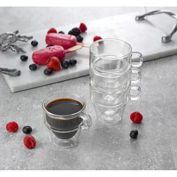 imageJoyJolt Stoiva Double Wall Insulated Espresso Glass Cups  5 oz 150 ml Espresso Shot Glass Cup with Handle  Stackable Thermal Clear Glass Cups Fit for Espresso Machine and Coffee Maker  Set of 4