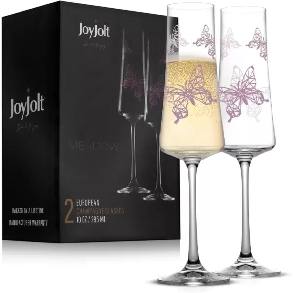 imageJoyJolt Meadow Champagne Flutes  Set of 2 Champagne Glasses with Unique Butterfly Design  10Oz Crystal Glasses for Champagne Mimosas Cocktails  Ideal for Kitchen Wedding  Made in EuropeChampagne Glasses