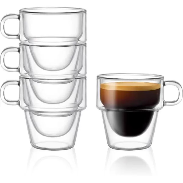 imageJoyJolt Stoiva Double Wall Insulated Espresso Glass Cups  5 oz 150 ml Espresso Shot Glass Cup with Handle  Stackable Thermal Clear Glass Cups Fit for Espresso Machine and Coffee Maker  Set of 4