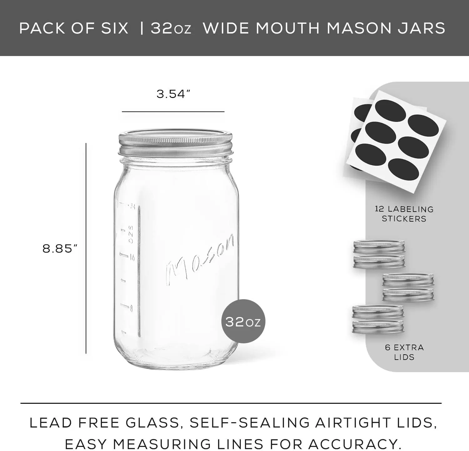 image8 Oz Mason Jars With Lids Labels and Measures 6Pack Wide Mouth Glass Jar with Lid and Band Airtight Canning Jars Overnight Oats Jars Salad Jars Sourdough Starter Jar32 Oz