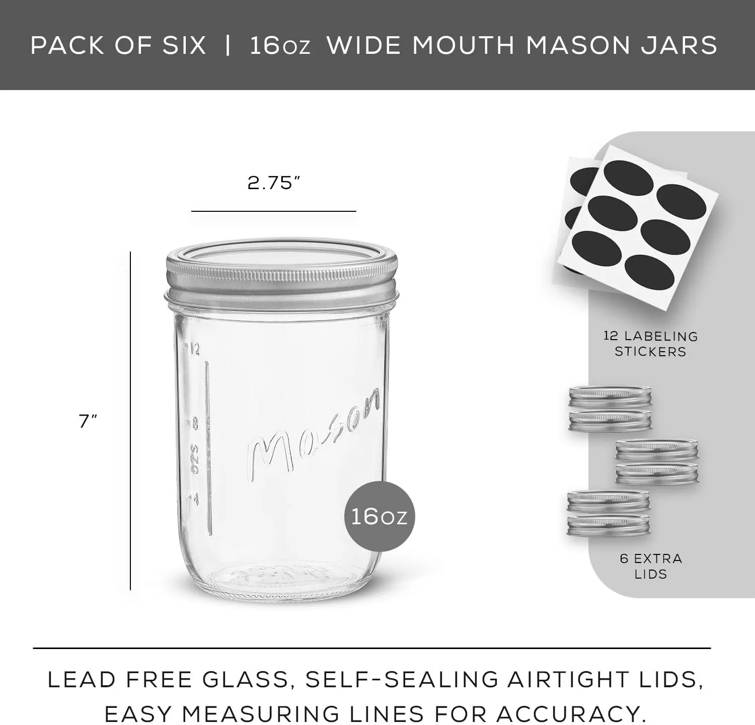 image8 Oz Mason Jars With Lids Labels and Measures 6Pack Wide Mouth Glass Jar with Lid and Band Airtight Canning Jars Overnight Oats Jars Salad Jars Sourdough Starter Jar16 Oz