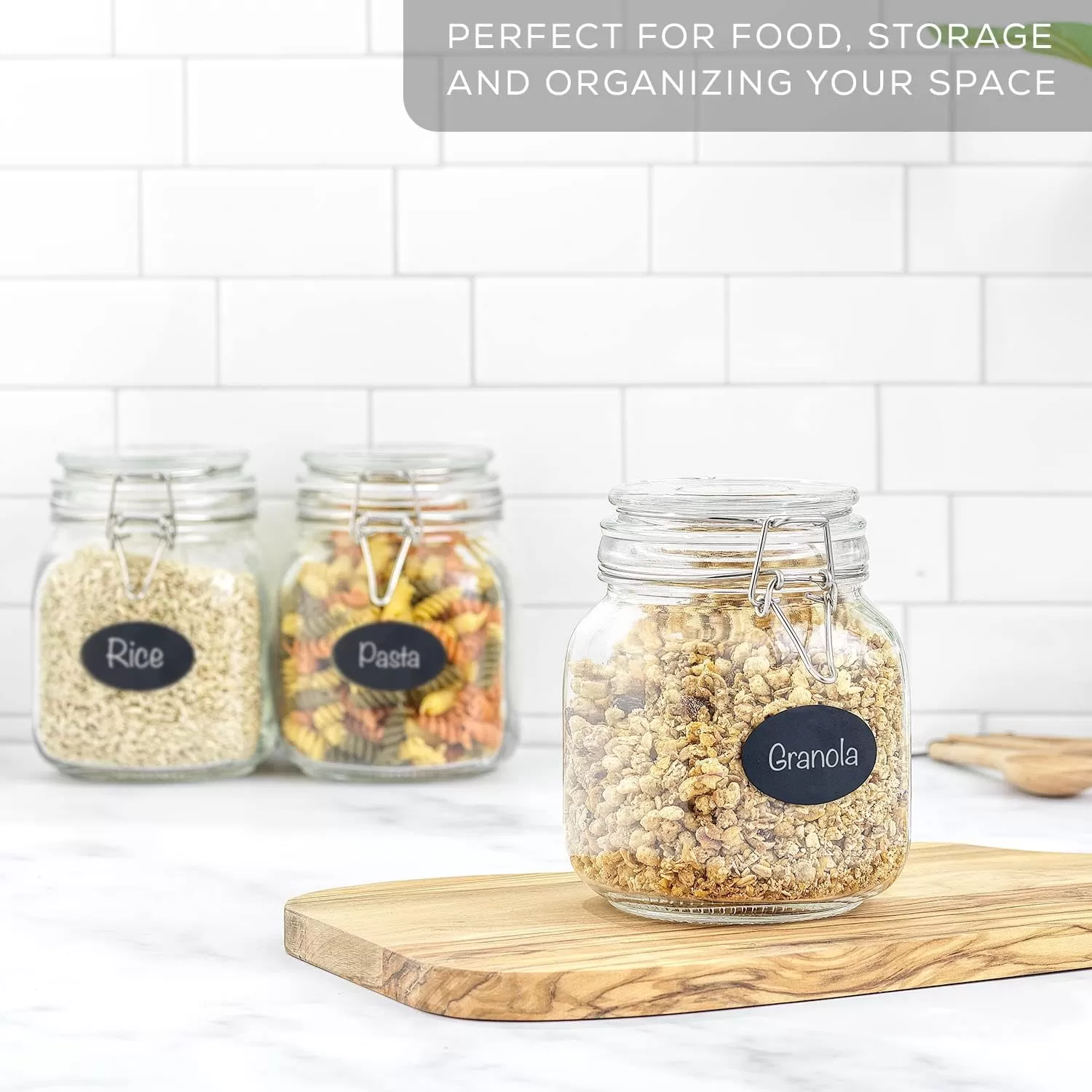 imageAirtight Glass Jars with Lids Set of 3 78oz Glass Jar with Lid and 6 Silicone Seals Large Glass Food Storage Containers Square Mason Jar for Candy Flour Pasta Containers for PantrySquare 32 ounce