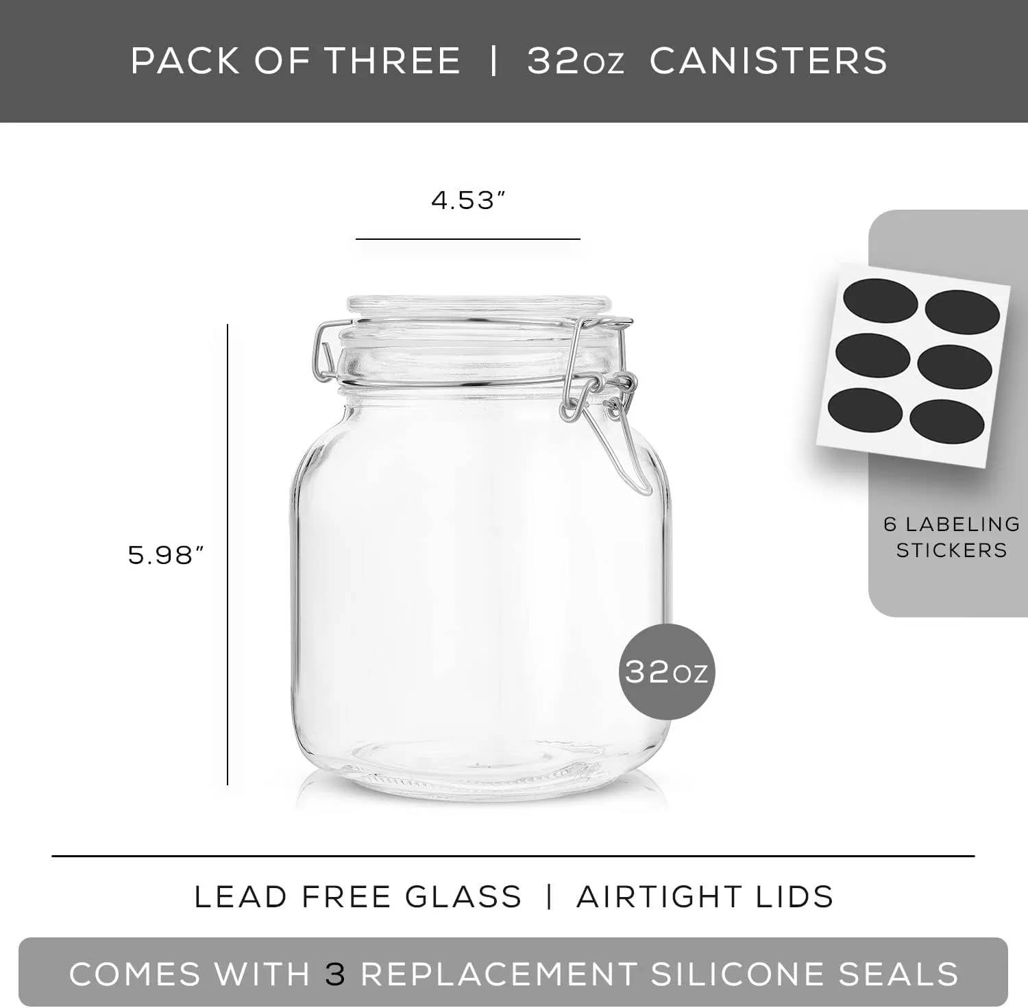 imageAirtight Glass Jars with Lids Set of 3 78oz Glass Jar with Lid and 6 Silicone Seals Large Glass Food Storage Containers Square Mason Jar for Candy Flour Pasta Containers for PantrySquare 32 ounce