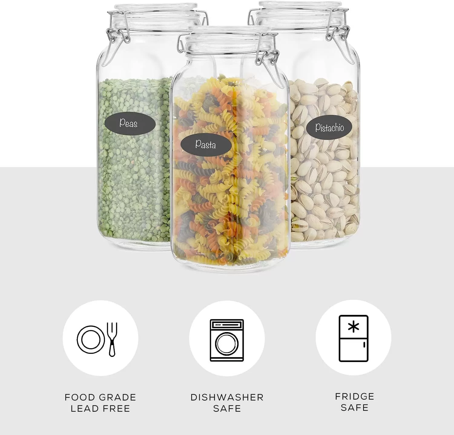 imageAirtight Glass Jars with Lids Set of 3 78oz Glass Jar with Lid and 6 Silicone Seals Large Glass Food Storage Containers Square Mason Jar for Candy Flour Pasta Containers for PantrySquare 78 ounce