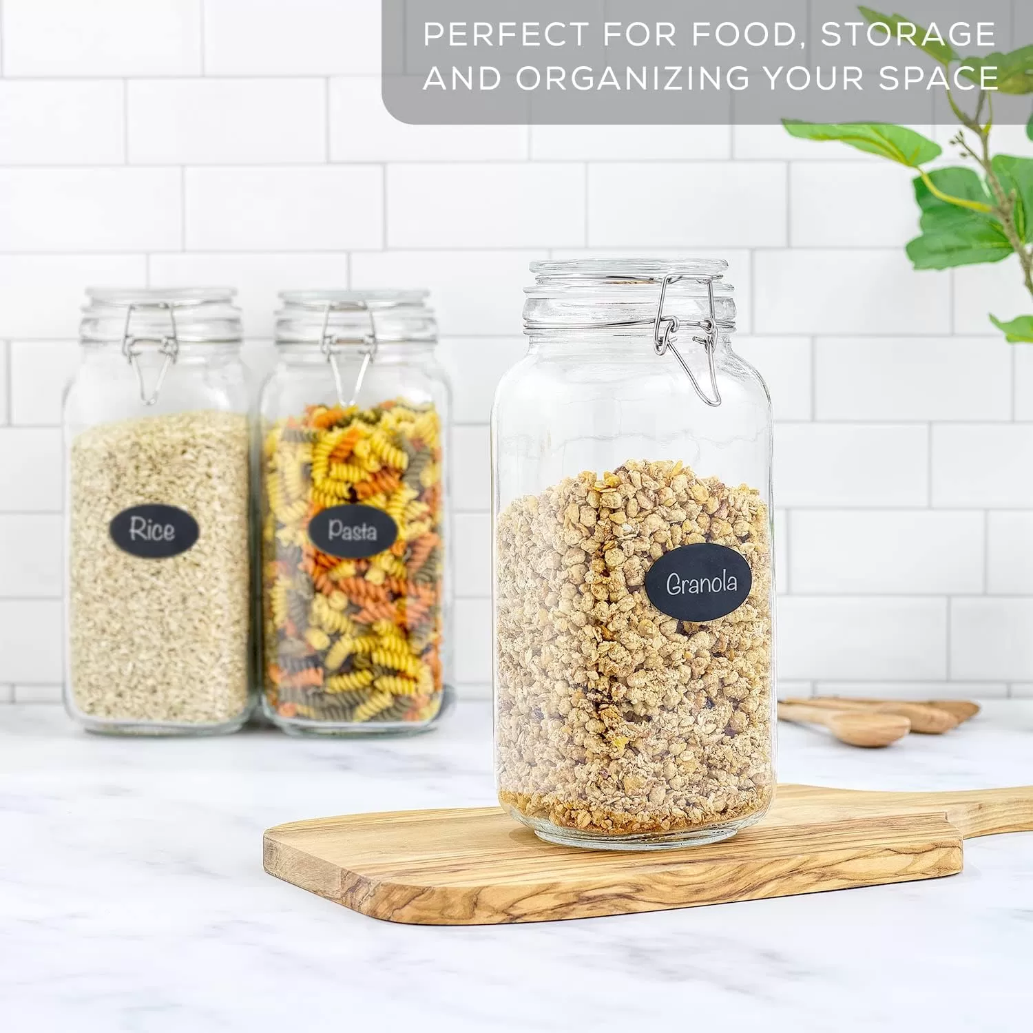 imageAirtight Glass Jars with Lids Set of 3 78oz Glass Jar with Lid and 6 Silicone Seals Large Glass Food Storage Containers Square Mason Jar for Candy Flour Pasta Containers for PantrySquare 78 ounce