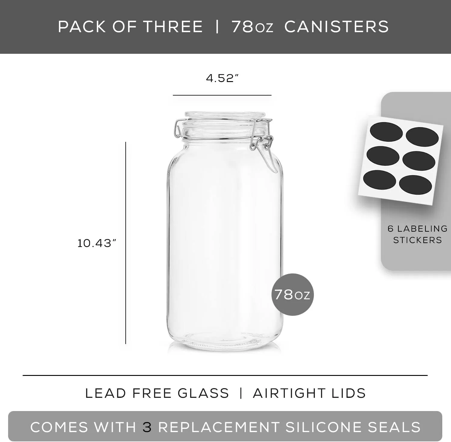 imageAirtight Glass Jars with Lids Set of 3 78oz Glass Jar with Lid and 6 Silicone Seals Large Glass Food Storage Containers Square Mason Jar for Candy Flour Pasta Containers for PantrySquare 78 ounce