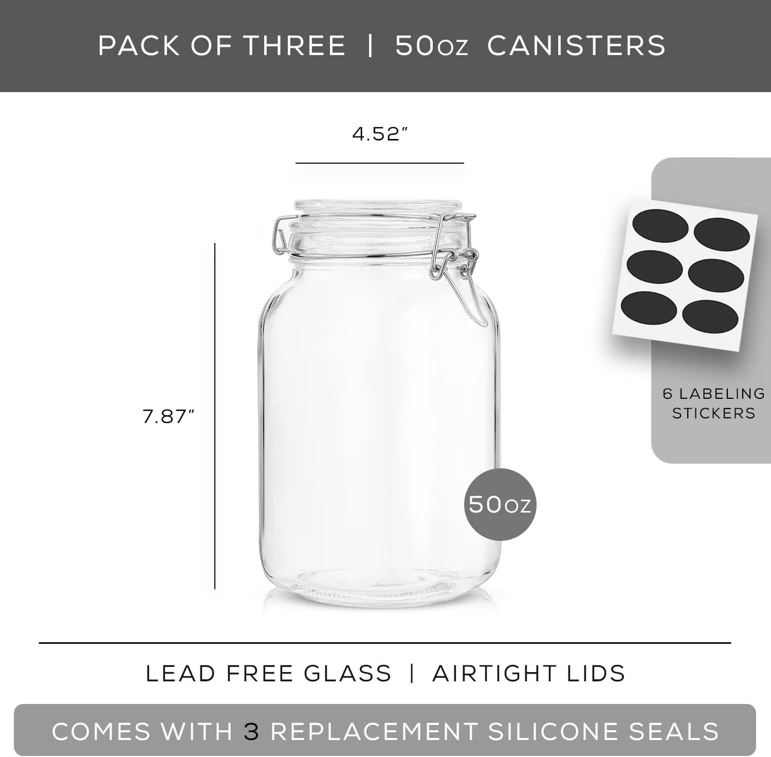 imageAirtight Glass Jars with Lids Set of 3 78oz Glass Jar with Lid and 6 Silicone Seals Large Glass Food Storage Containers Square Mason Jar for Candy Flour Pasta Containers for PantrySquare 50 ounce