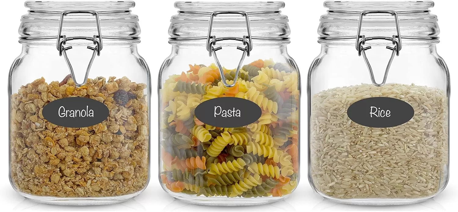 imageAirtight Glass Jars with Lids Set of 3 78oz Glass Jar with Lid and 6 Silicone Seals Large Glass Food Storage Containers Square Mason Jar for Candy Flour Pasta Containers for PantrySquare 32 ounce