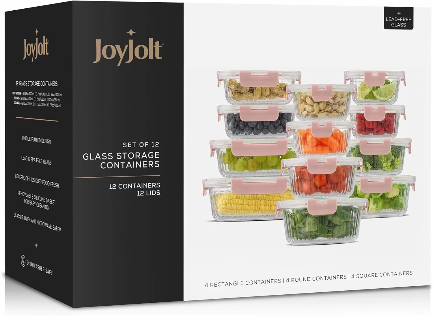imageJoyJolt 24pc Fluted Glass Storage Containers with Lids 12 Airtight Freezer Safe Food Storage Containers Pantry Kitchen Storage Containers Glass Meal Prep Containers for LunchPink