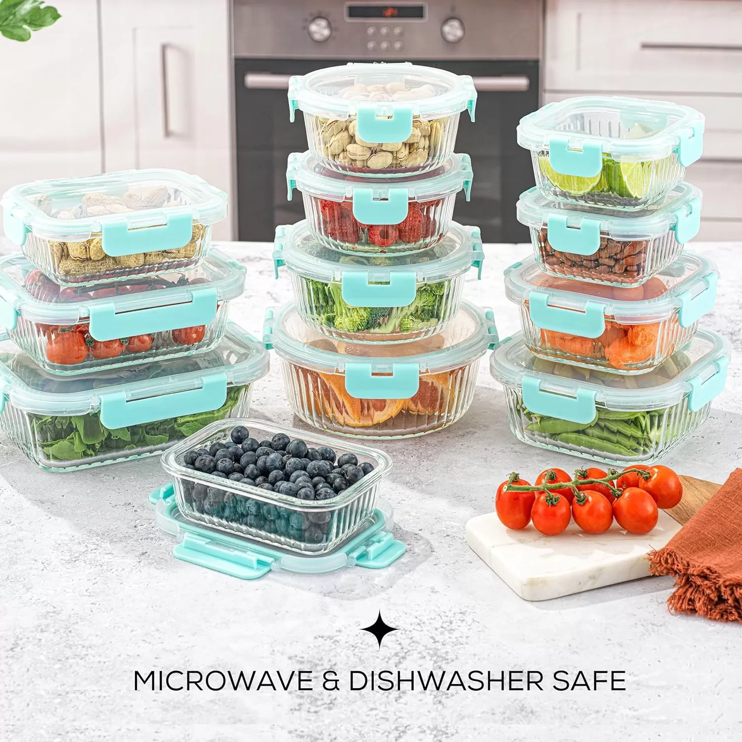 imageJoyJolt 24pc Fluted Glass Storage Containers with Lids 12 Airtight Freezer Safe Food Storage Containers Pantry Kitchen Storage Containers Glass Meal Prep Containers for LunchBlue