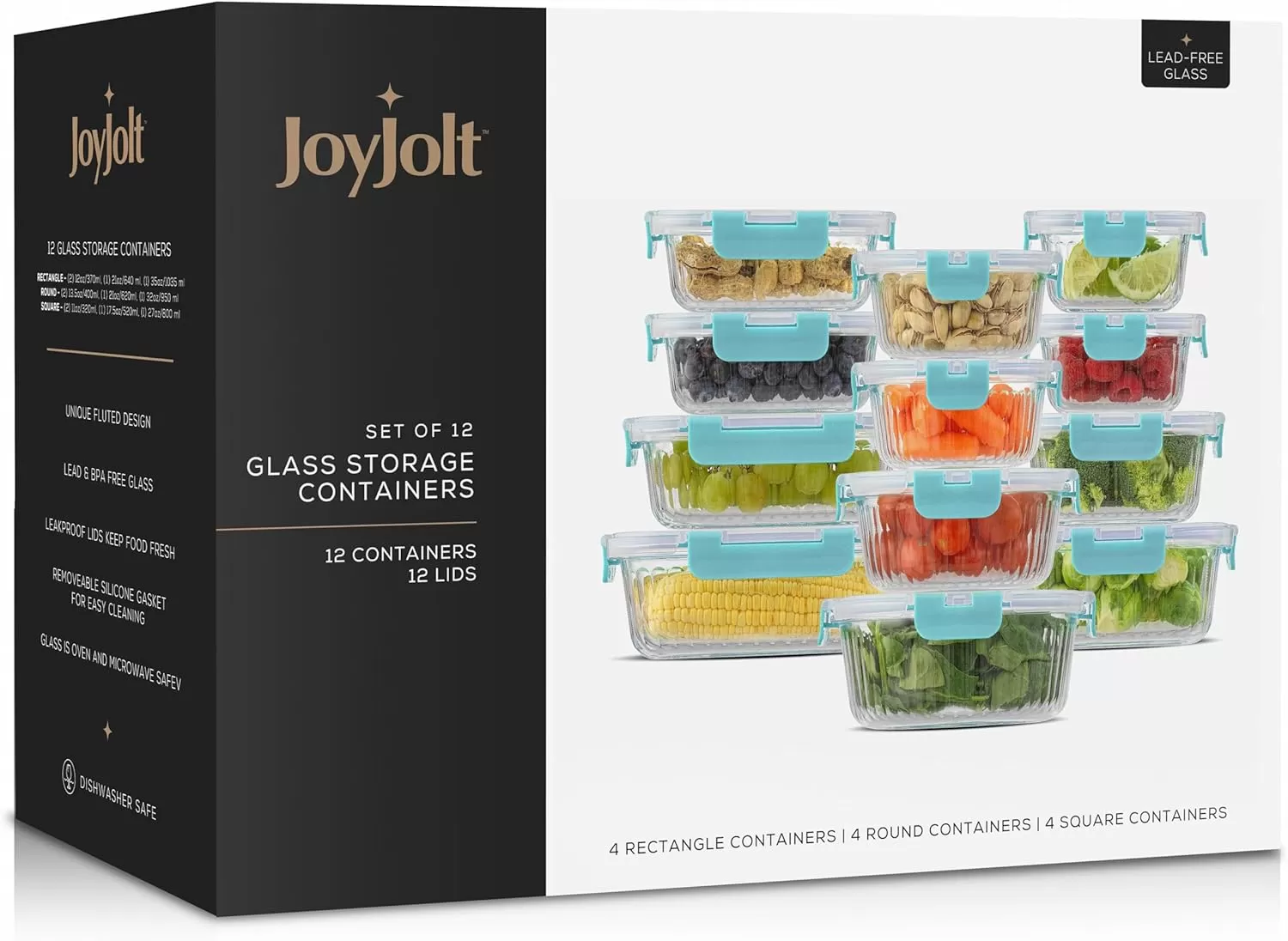 imageJoyJolt 24pc Fluted Glass Storage Containers with Lids 12 Airtight Freezer Safe Food Storage Containers Pantry Kitchen Storage Containers Glass Meal Prep Containers for LunchBlue