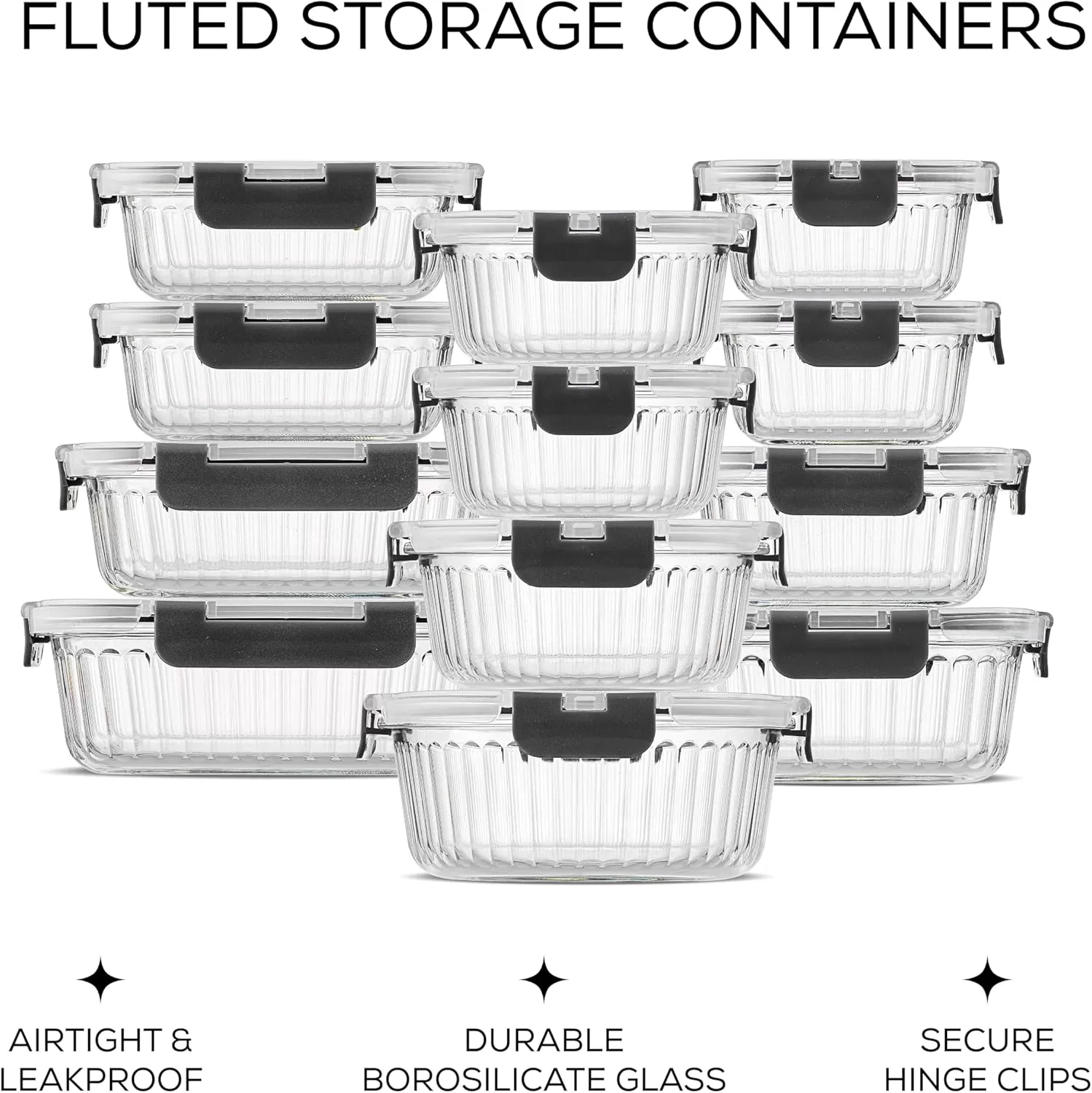 imageJoyJolt 24pc Fluted Glass Storage Containers with Lids 12 Airtight Freezer Safe Food Storage Containers Pantry Kitchen Storage Containers Glass Meal Prep Containers for LunchBlack