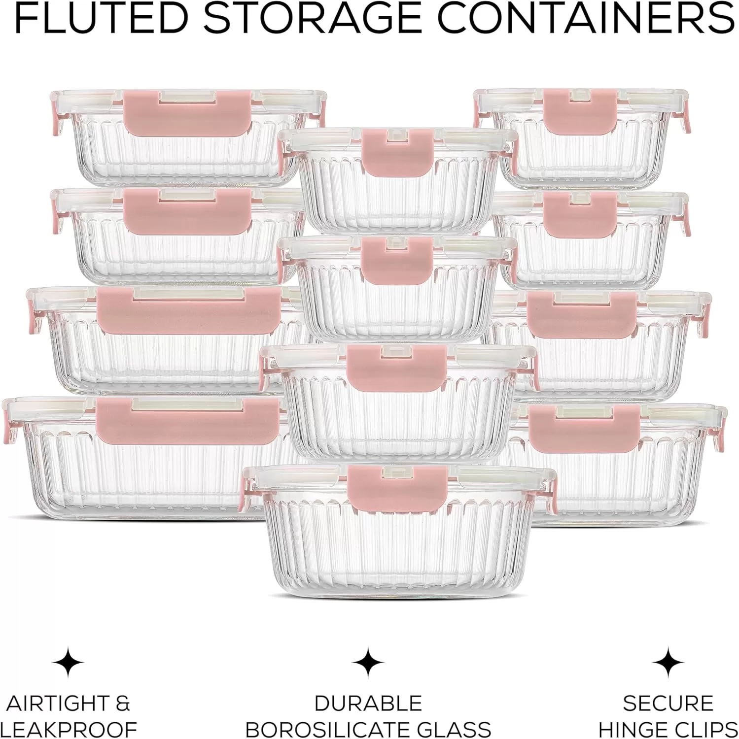 imageJoyJolt 24pc Fluted Glass Storage Containers with Lids 12 Airtight Freezer Safe Food Storage Containers Pantry Kitchen Storage Containers Glass Meal Prep Containers for LunchPink