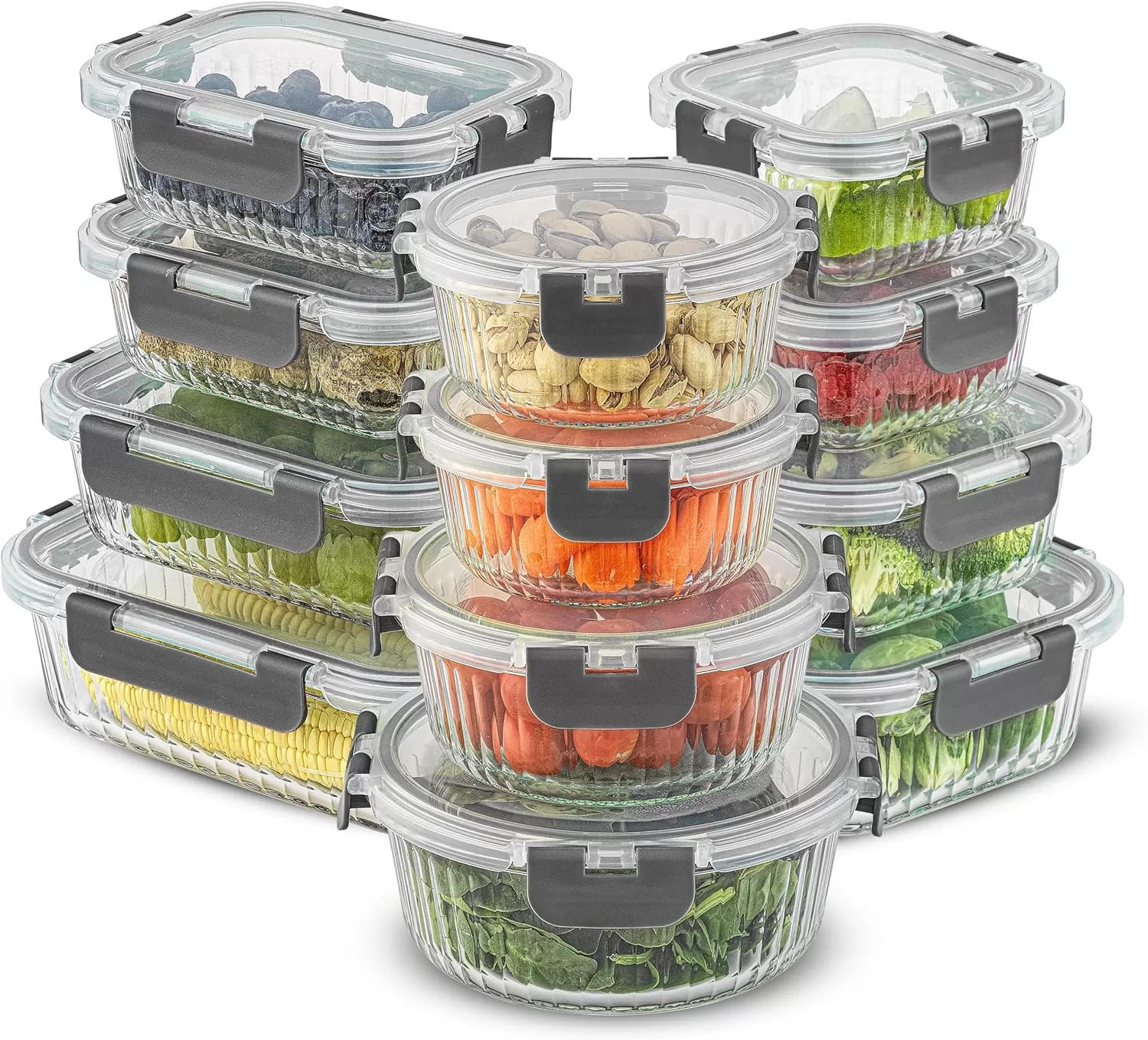 imageJoyJolt 24pc Fluted Glass Storage Containers with Lids 12 Airtight Freezer Safe Food Storage Containers Pantry Kitchen Storage Containers Glass Meal Prep Containers for LunchGray