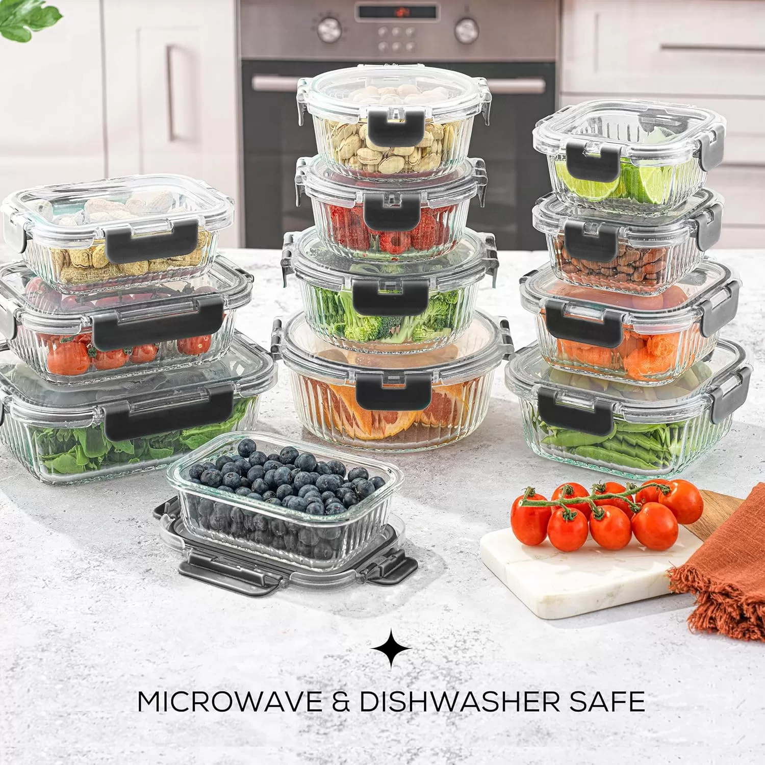 imageJoyJolt 24pc Fluted Glass Storage Containers with Lids 12 Airtight Freezer Safe Food Storage Containers Pantry Kitchen Storage Containers Glass Meal Prep Containers for LunchBlack