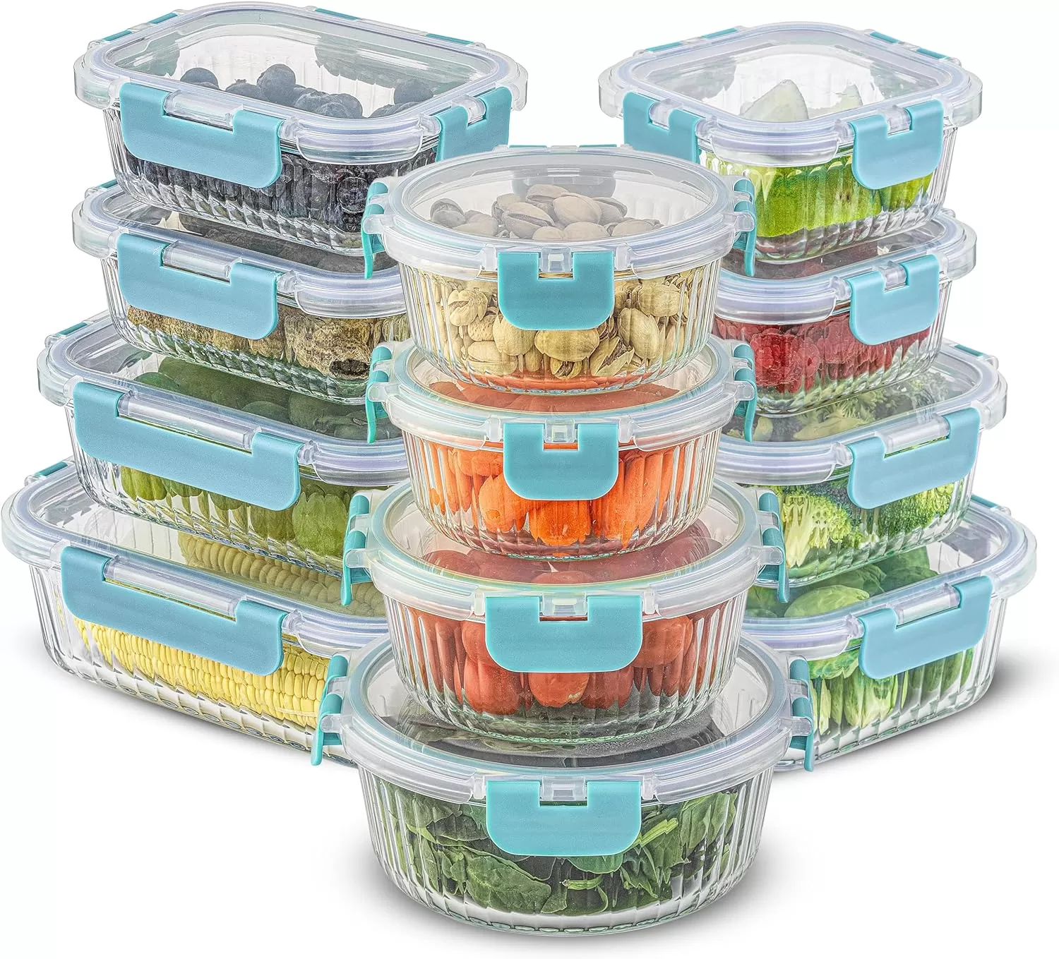 imageJoyJolt 24pc Fluted Glass Storage Containers with Lids 12 Airtight Freezer Safe Food Storage Containers Pantry Kitchen Storage Containers Glass Meal Prep Containers for LunchBlue