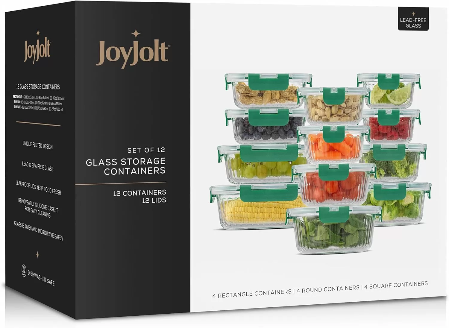 imageJoyJolt 24pc Fluted Glass Storage Containers with Lids 12 Airtight Freezer Safe Food Storage Containers Pantry Kitchen Storage Containers Glass Meal Prep Containers for LunchGreen