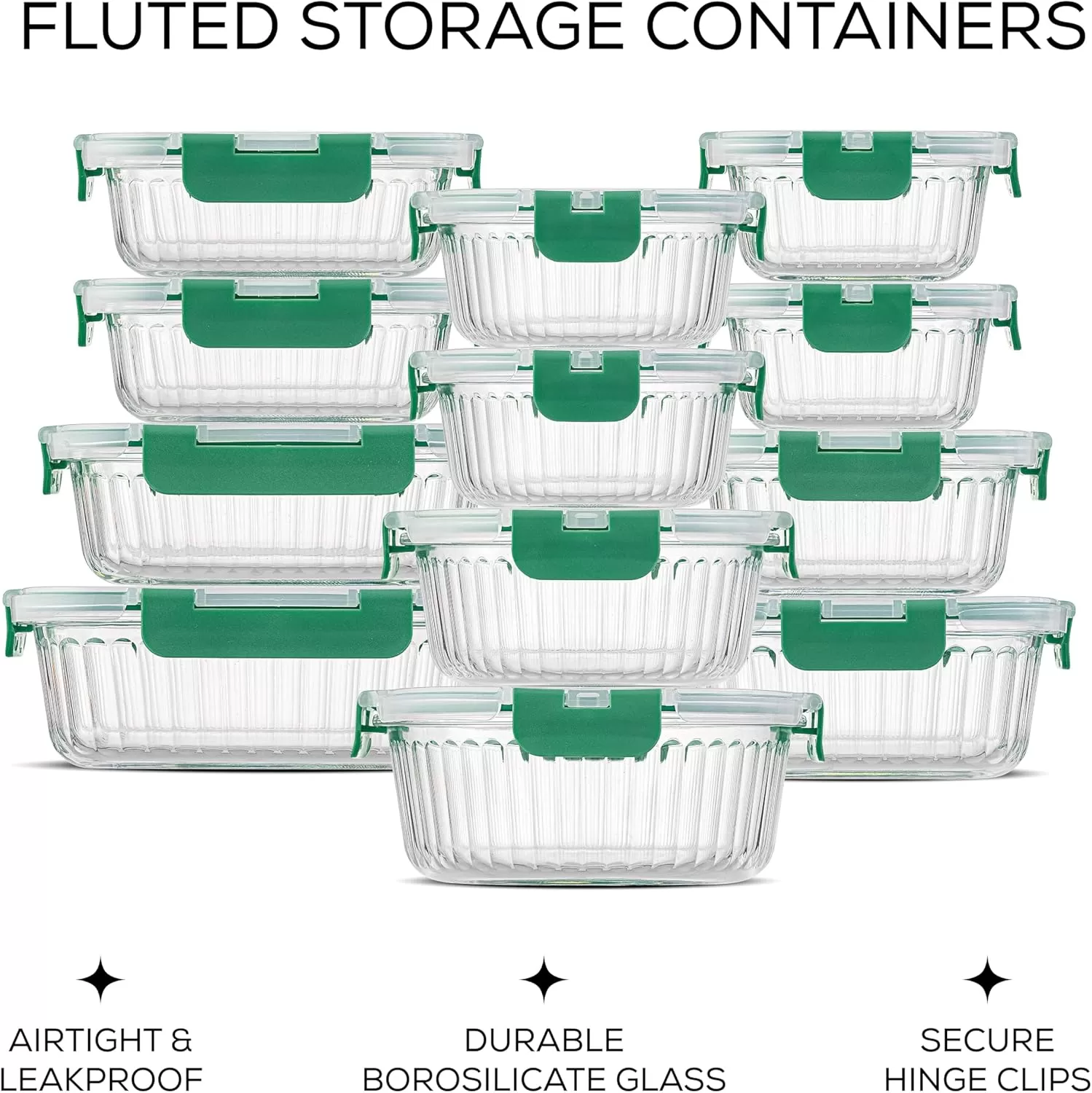 imageJoyJolt 24pc Fluted Glass Storage Containers with Lids 12 Airtight Freezer Safe Food Storage Containers Pantry Kitchen Storage Containers Glass Meal Prep Containers for LunchGreen