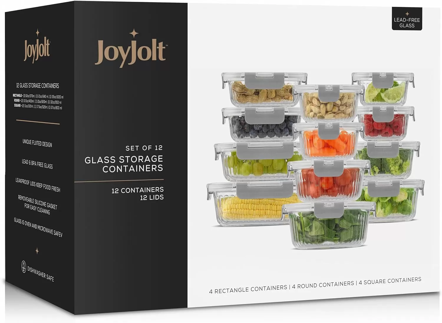 imageJoyJolt 24pc Fluted Glass Storage Containers with Lids 12 Airtight Freezer Safe Food Storage Containers Pantry Kitchen Storage Containers Glass Meal Prep Containers for LunchGray