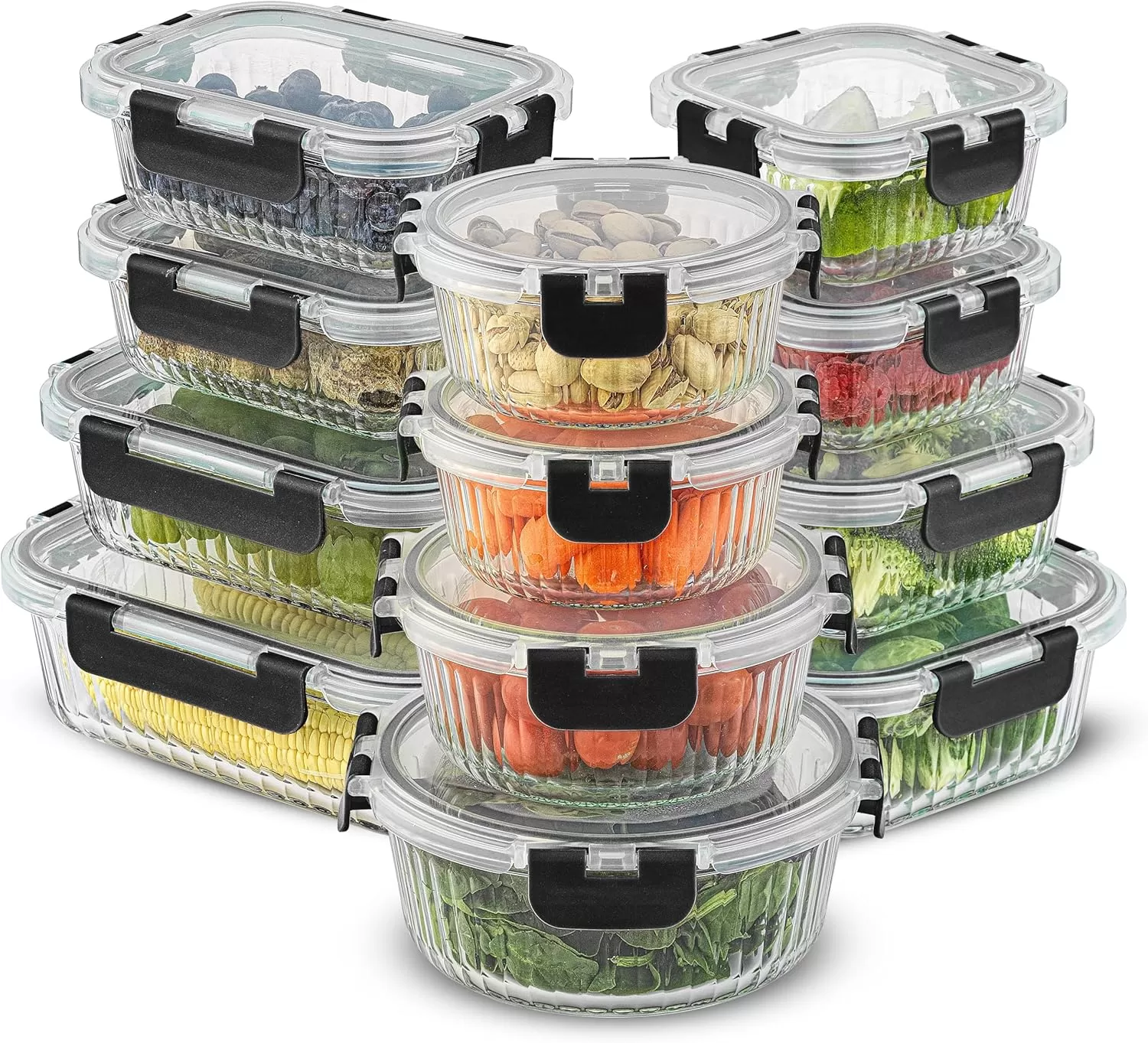 imageJoyJolt 24pc Fluted Glass Storage Containers with Lids 12 Airtight Freezer Safe Food Storage Containers Pantry Kitchen Storage Containers Glass Meal Prep Containers for LunchBlack
