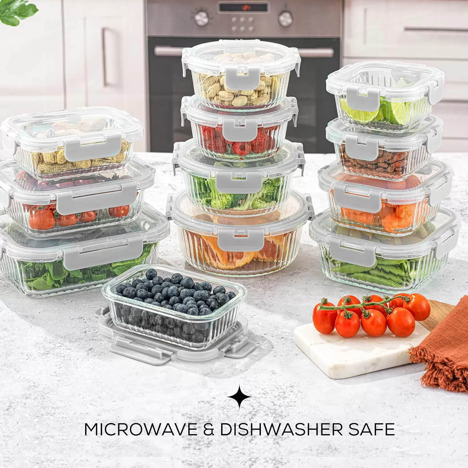 imageJoyJolt 24pc Fluted Glass Storage Containers with Lids 12 Airtight Freezer Safe Food Storage Containers Pantry Kitchen Storage Containers Glass Meal Prep Containers for LunchGray