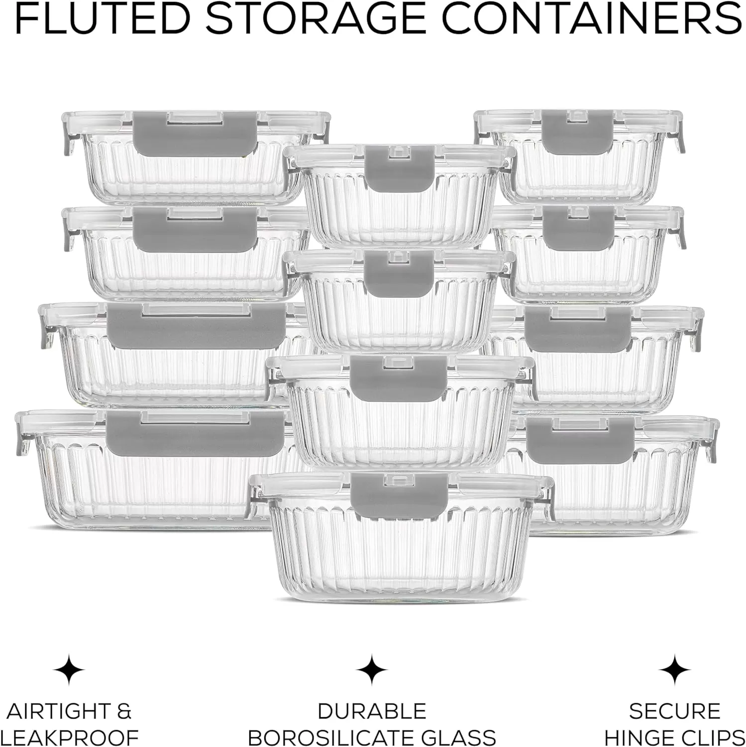 imageJoyJolt 24pc Fluted Glass Storage Containers with Lids 12 Airtight Freezer Safe Food Storage Containers Pantry Kitchen Storage Containers Glass Meal Prep Containers for LunchGray