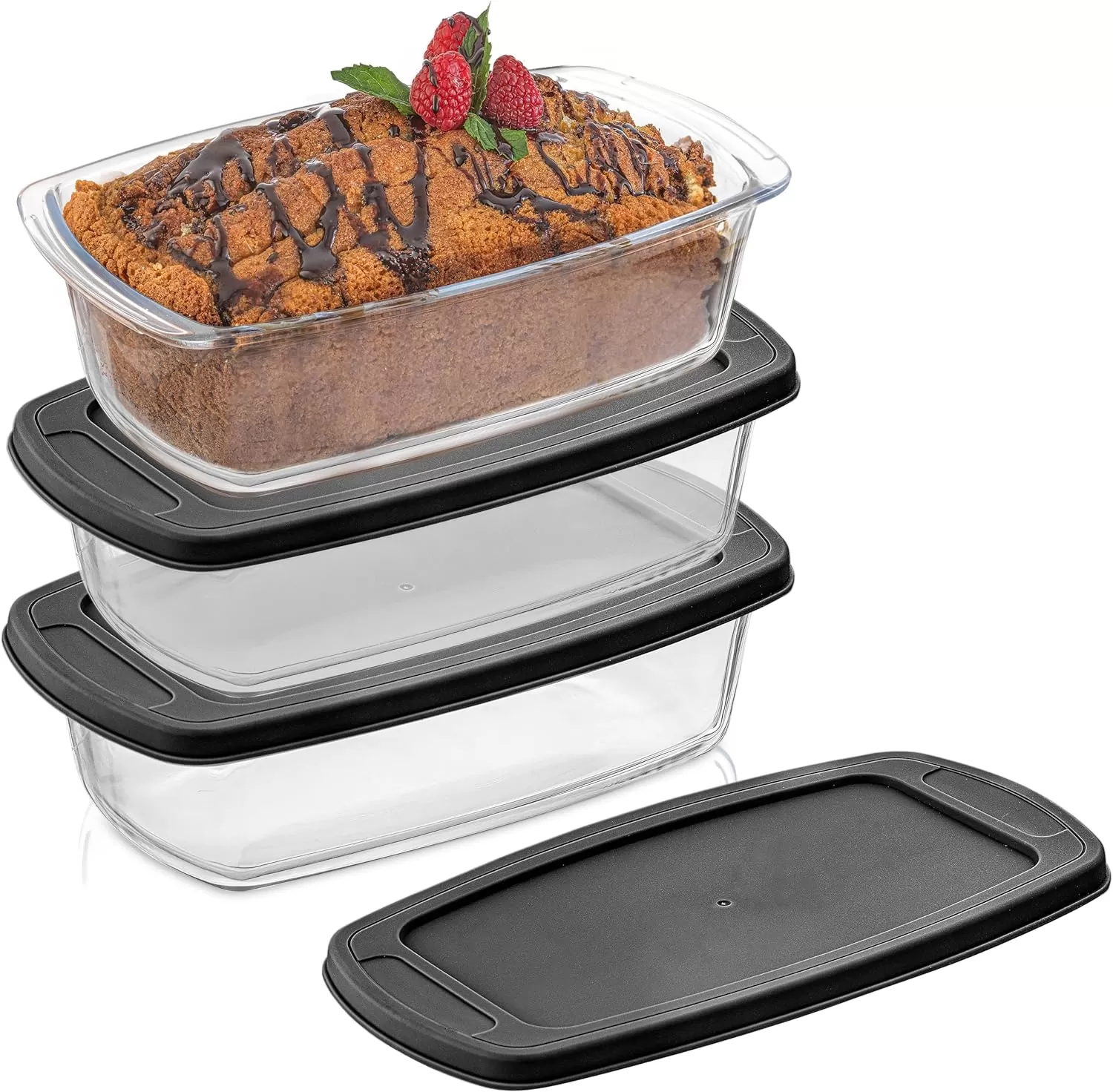 imageJoyJolt 3pc Loaf Pans for Baking Bread with Lids Baking Set 19 Quart Large Rectangular Baking Dish With Lid Oven Pan Banana Bread Pan Lasagna Pan Deep with Lid Bread Saver Container AirtightBlack