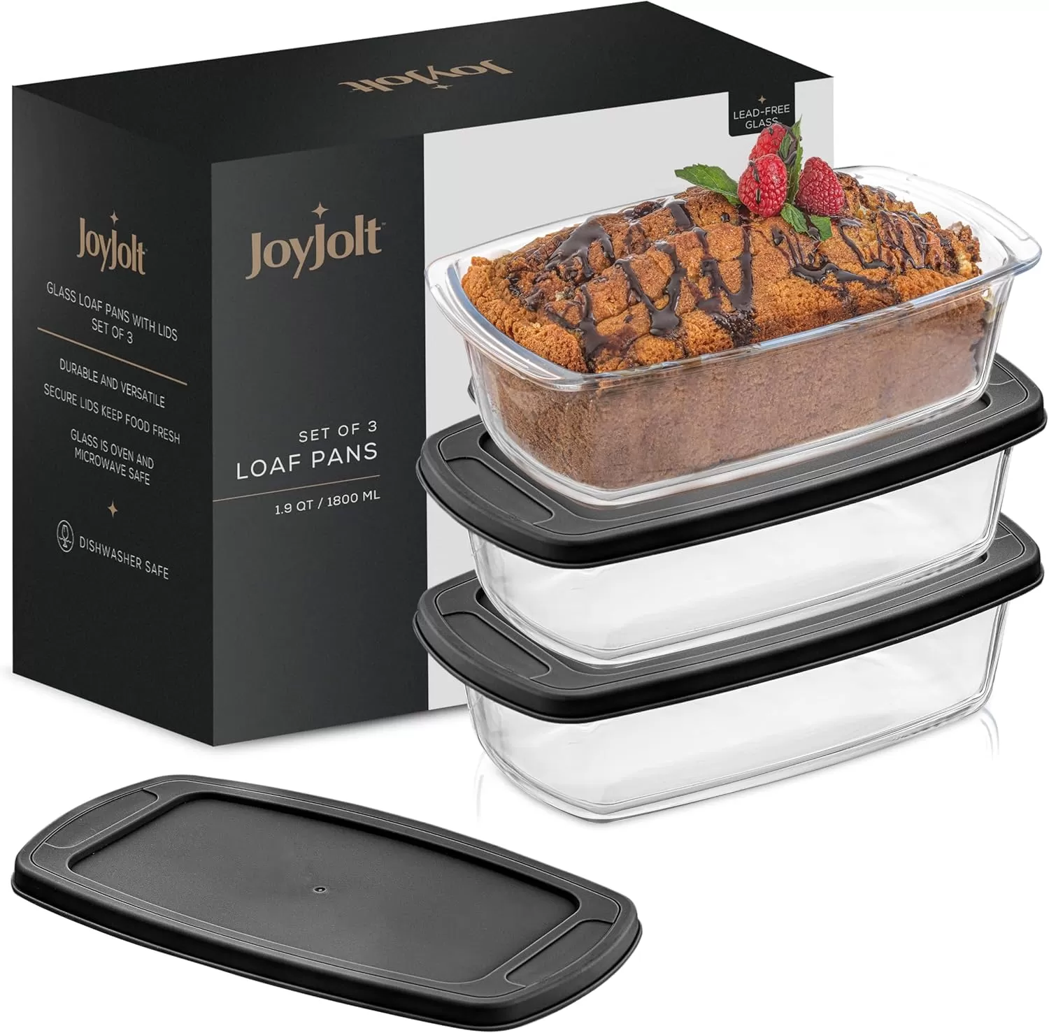 imageJoyJolt 3pc Loaf Pans for Baking Bread with Lids Baking Set 19 Quart Large Rectangular Baking Dish With Lid Oven Pan Banana Bread Pan Lasagna Pan Deep with Lid Bread Saver Container AirtightBlack