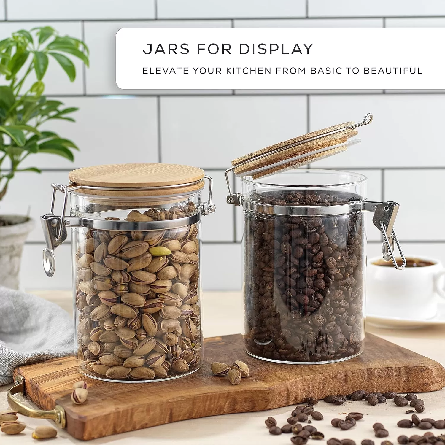 imageJoyJolt Borosilicate Glass Jars With Bamboo Lids 27oz 2PC Set of Airtight Storage Jars with Clamp Lids for Pantry Storage Air Tight Sealable Containers for Kitchen Organization