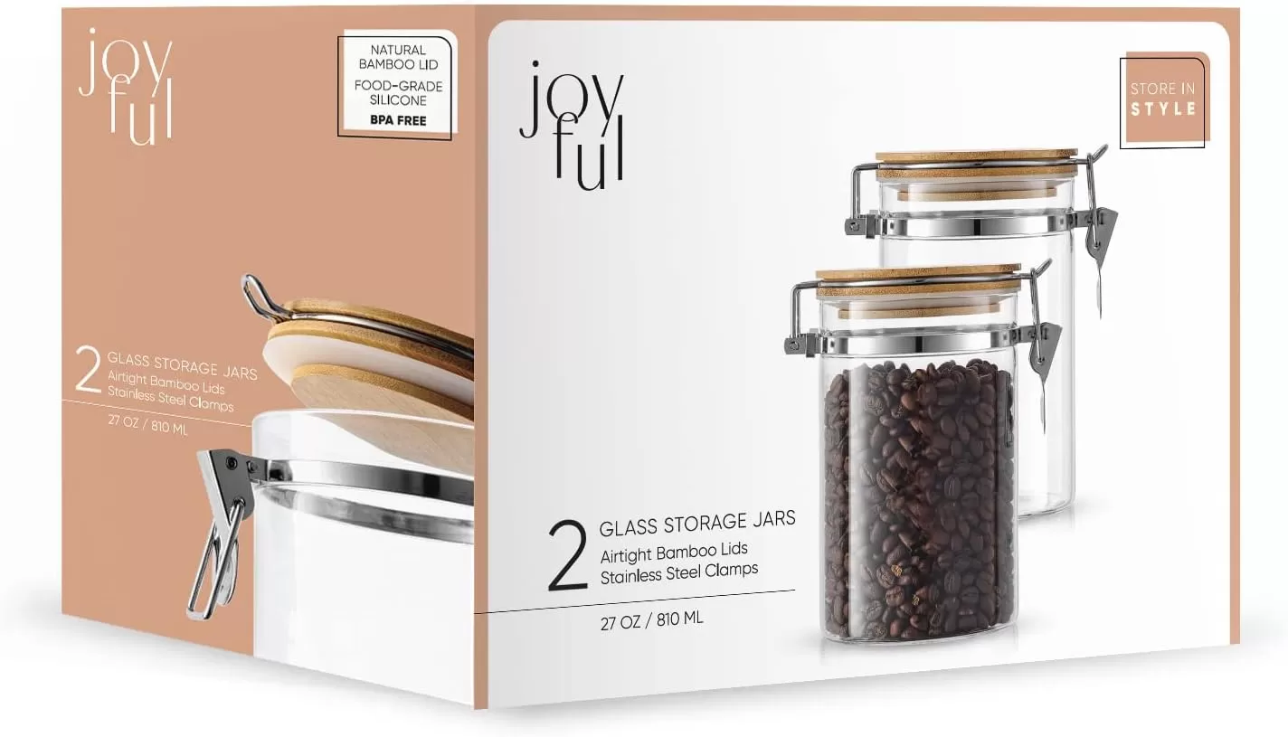 imageJoyJolt Borosilicate Glass Jars With Bamboo Lids 27oz 2PC Set of Airtight Storage Jars with Clamp Lids for Pantry Storage Air Tight Sealable Containers for Kitchen Organization