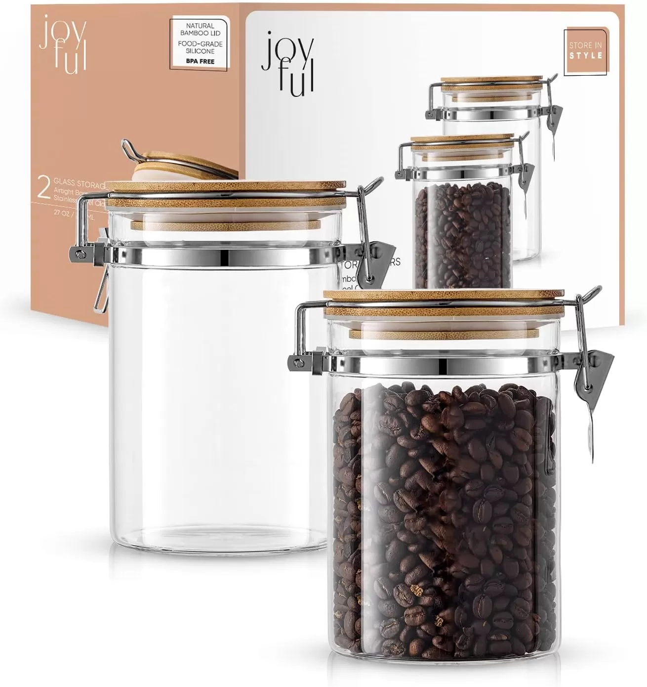 imageJoyJolt Borosilicate Glass Jars With Bamboo Lids 27oz 2PC Set of Airtight Storage Jars with Clamp Lids for Pantry Storage Air Tight Sealable Containers for Kitchen Organization