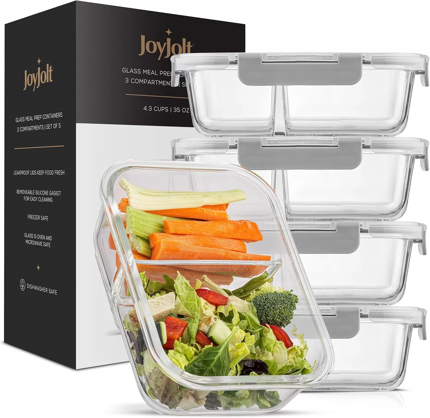 imageJoyJolt Divided Food Storage Containers with Lids Airtight 5 Pack Glass Meal Prep Containers 2 Compartment Set Glass Bento Box Reusable Food Containers Portion Control Containers for Weight LossGray