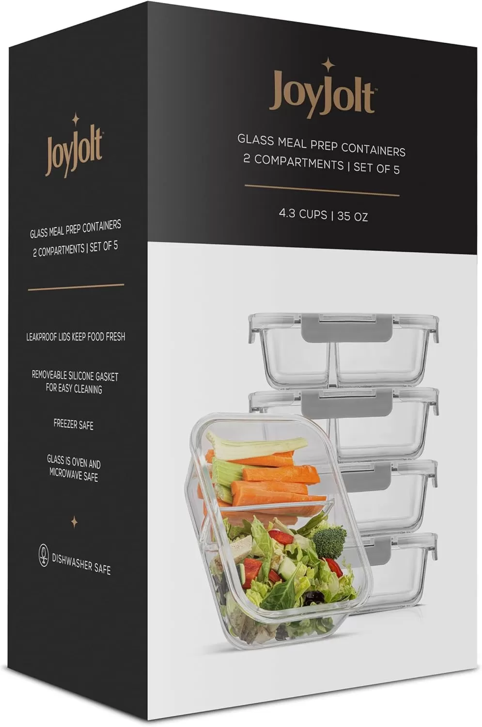 imageJoyJolt Divided Food Storage Containers with Lids Airtight 5 Pack Glass Meal Prep Containers 2 Compartment Set Glass Bento Box Reusable Food Containers Portion Control Containers for Weight LossGray