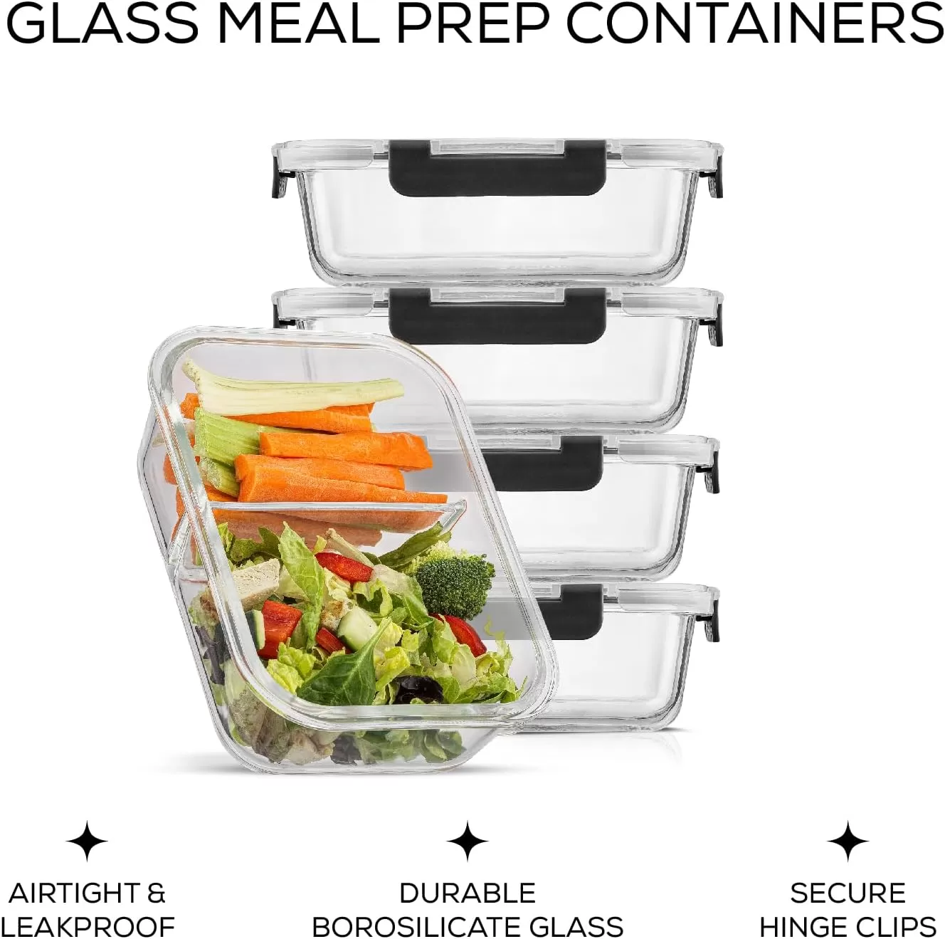 imageJoyJolt Divided Food Storage Containers with Lids Airtight 5 Pack Glass Meal Prep Containers 2 Compartment Set Glass Bento Box Reusable Food Containers Portion Control Containers for Weight LossBlack
