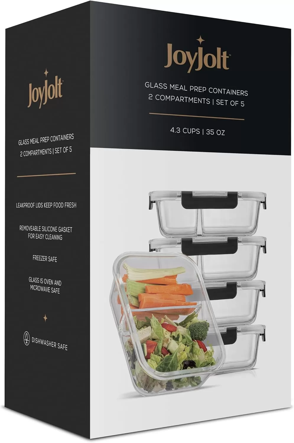 imageJoyJolt Divided Food Storage Containers with Lids Airtight 5 Pack Glass Meal Prep Containers 2 Compartment Set Glass Bento Box Reusable Food Containers Portion Control Containers for Weight LossBlack