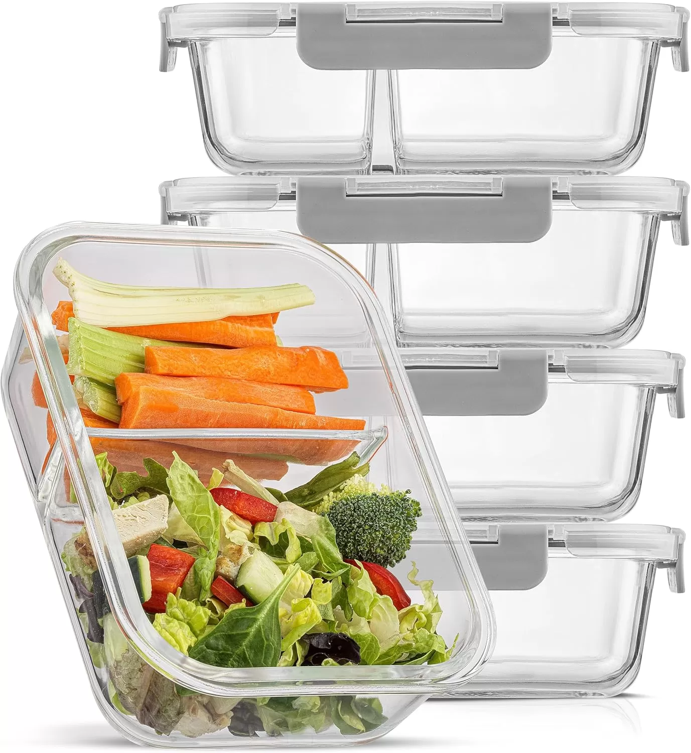 imageJoyJolt Divided Food Storage Containers with Lids Airtight 5 Pack Glass Meal Prep Containers 2 Compartment Set Glass Bento Box Reusable Food Containers Portion Control Containers for Weight LossGray