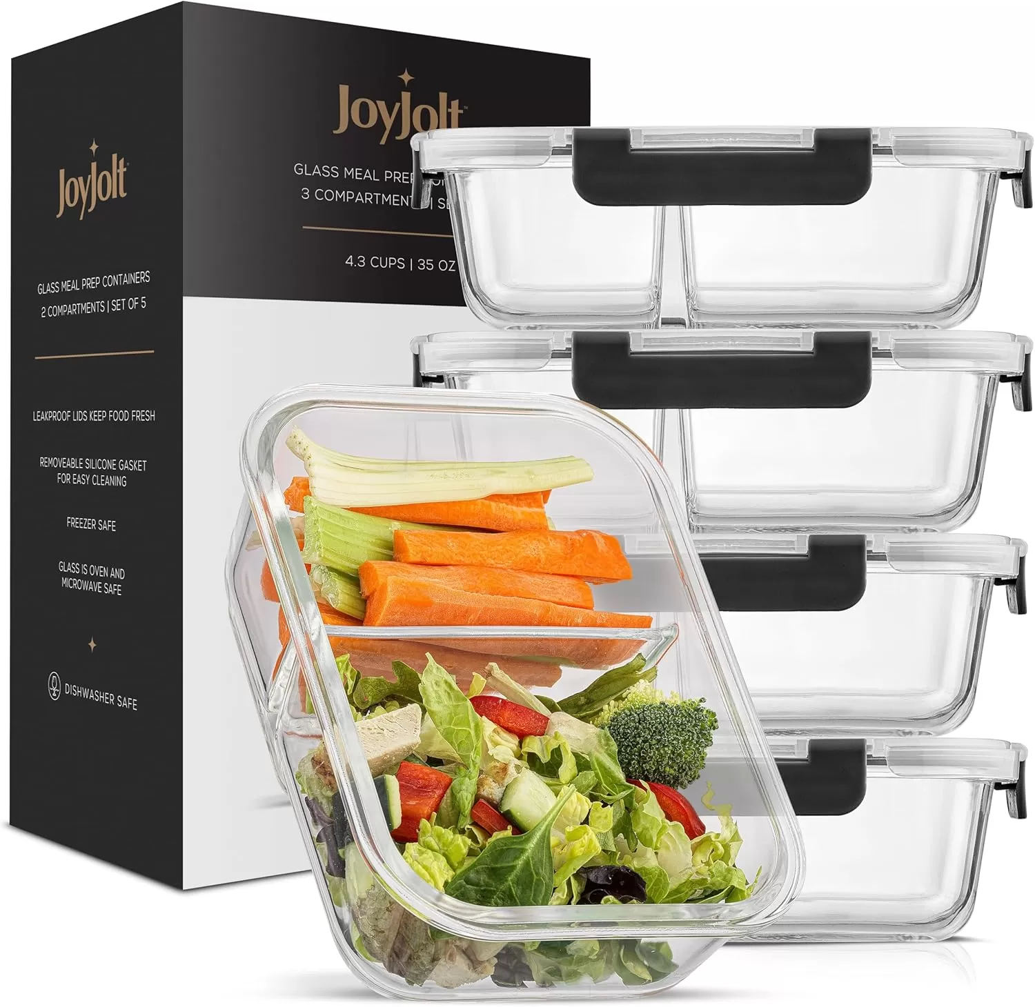 imageJoyJolt Divided Food Storage Containers with Lids Airtight 5 Pack Glass Meal Prep Containers 2 Compartment Set Glass Bento Box Reusable Food Containers Portion Control Containers for Weight LossBlack