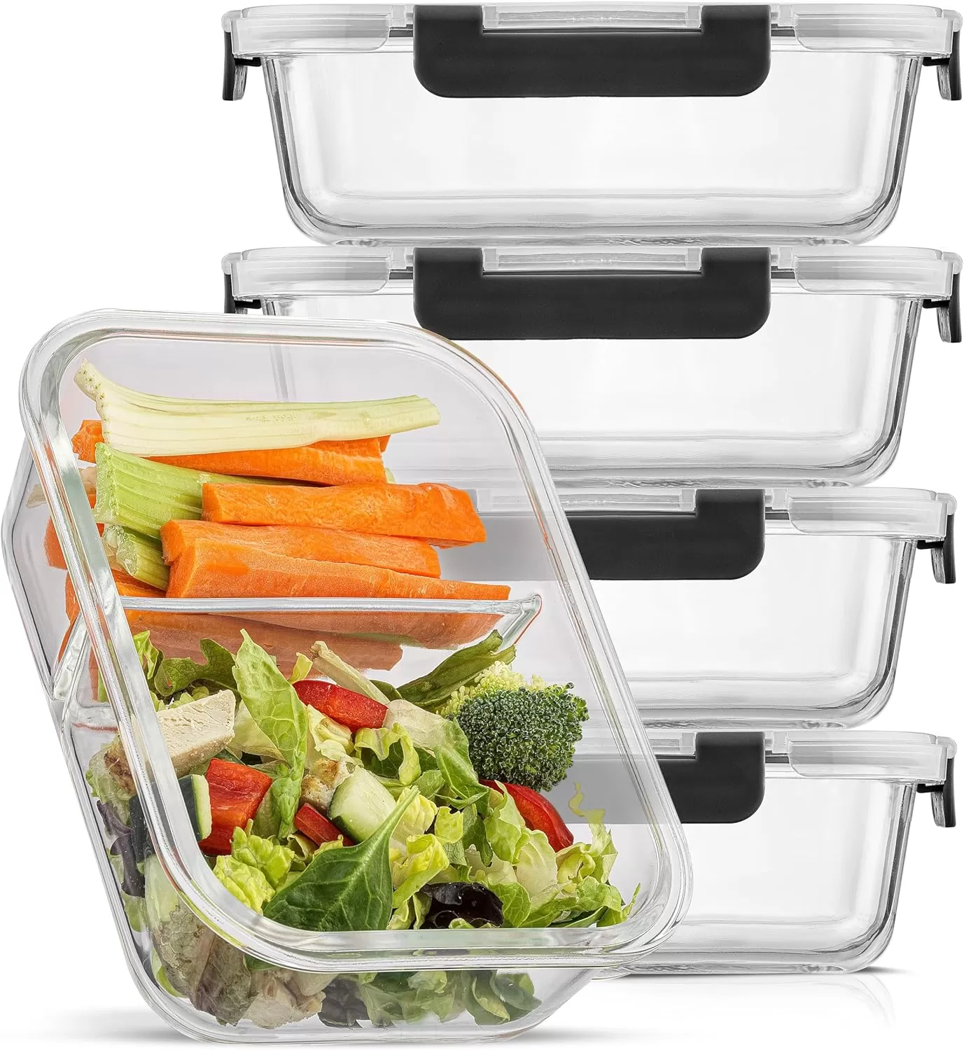 imageJoyJolt Divided Food Storage Containers with Lids Airtight 5 Pack Glass Meal Prep Containers 2 Compartment Set Glass Bento Box Reusable Food Containers Portion Control Containers for Weight LossBlack