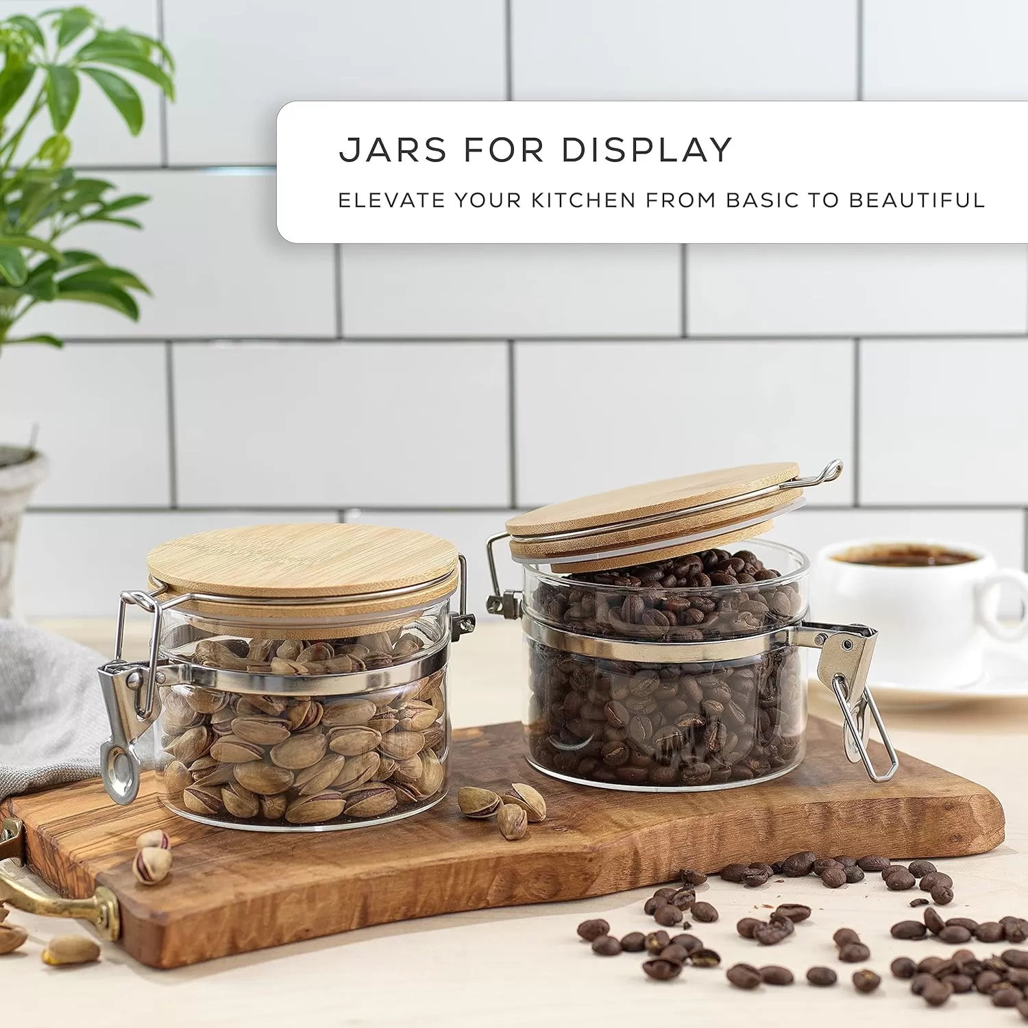imageJoyJolt Glass Jars With Bamboo Lids 12 fl oz 2PC Set of Airtight Storage Jars with Clamp Lids for Pantry Food Storage Air Tight Sealable Glass Canisters Containers for Kitchen Organization